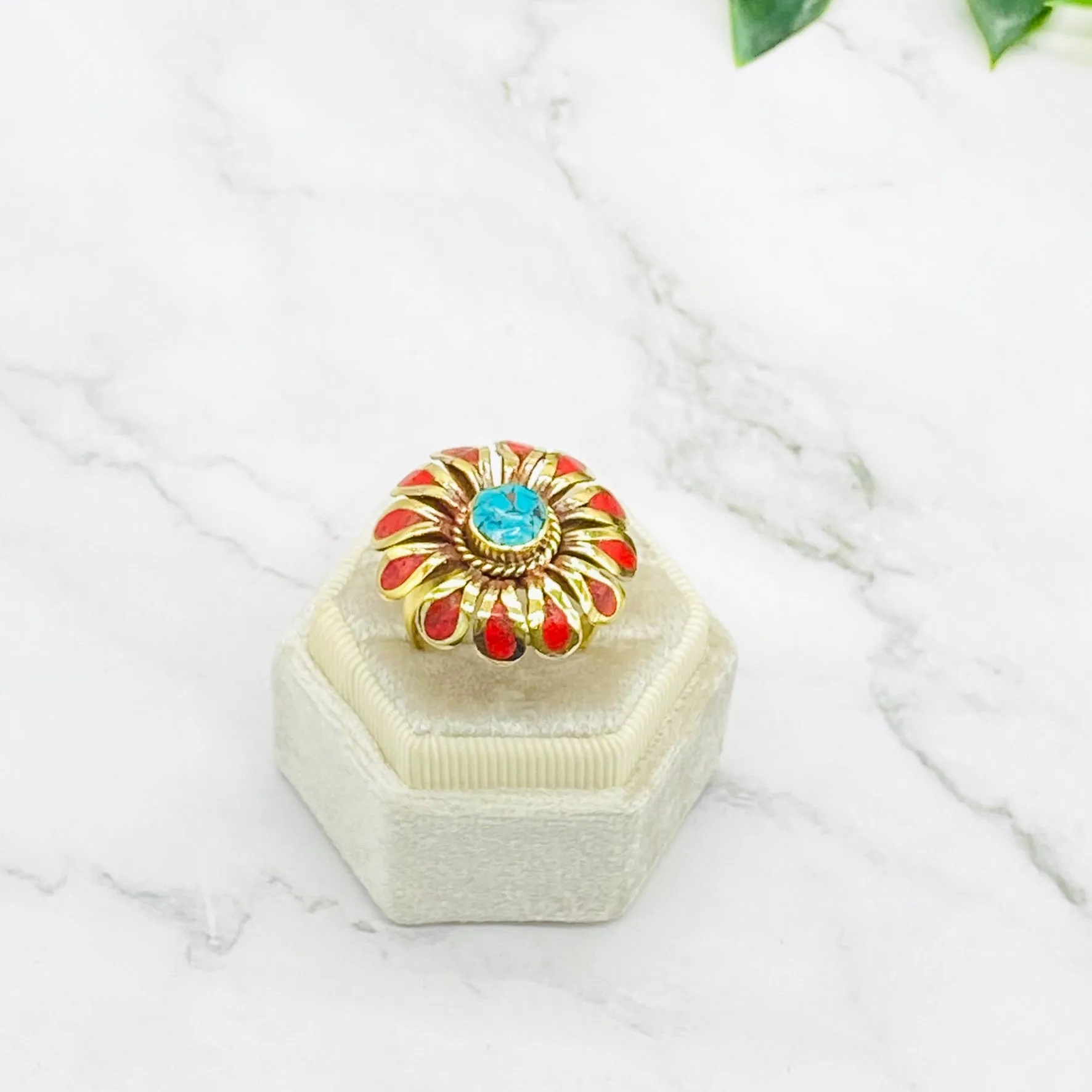 Gold Filled Handmade Rings, Bohemian Jewelry, Flower Design Rings, Gift For Mom, Statement Ring, Bohemian Style, Turquoise/Coral/Lapislazuli