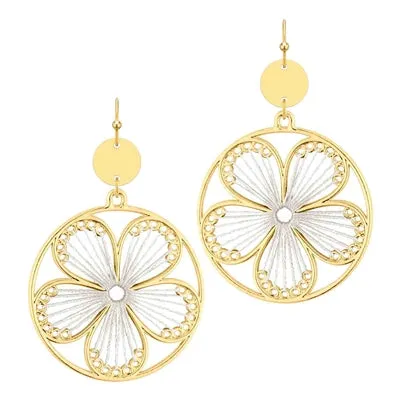 Gold Open Circle with White Threaded Flower 1.5" Earring