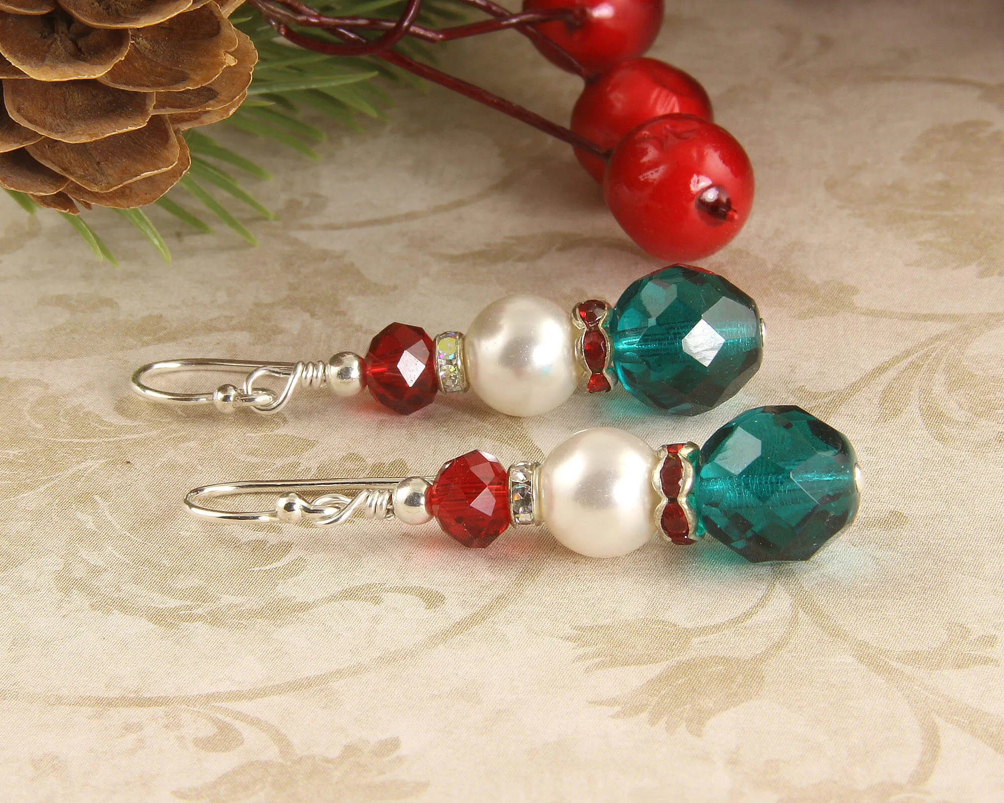 Green & Red Christmas Pearl Earrings