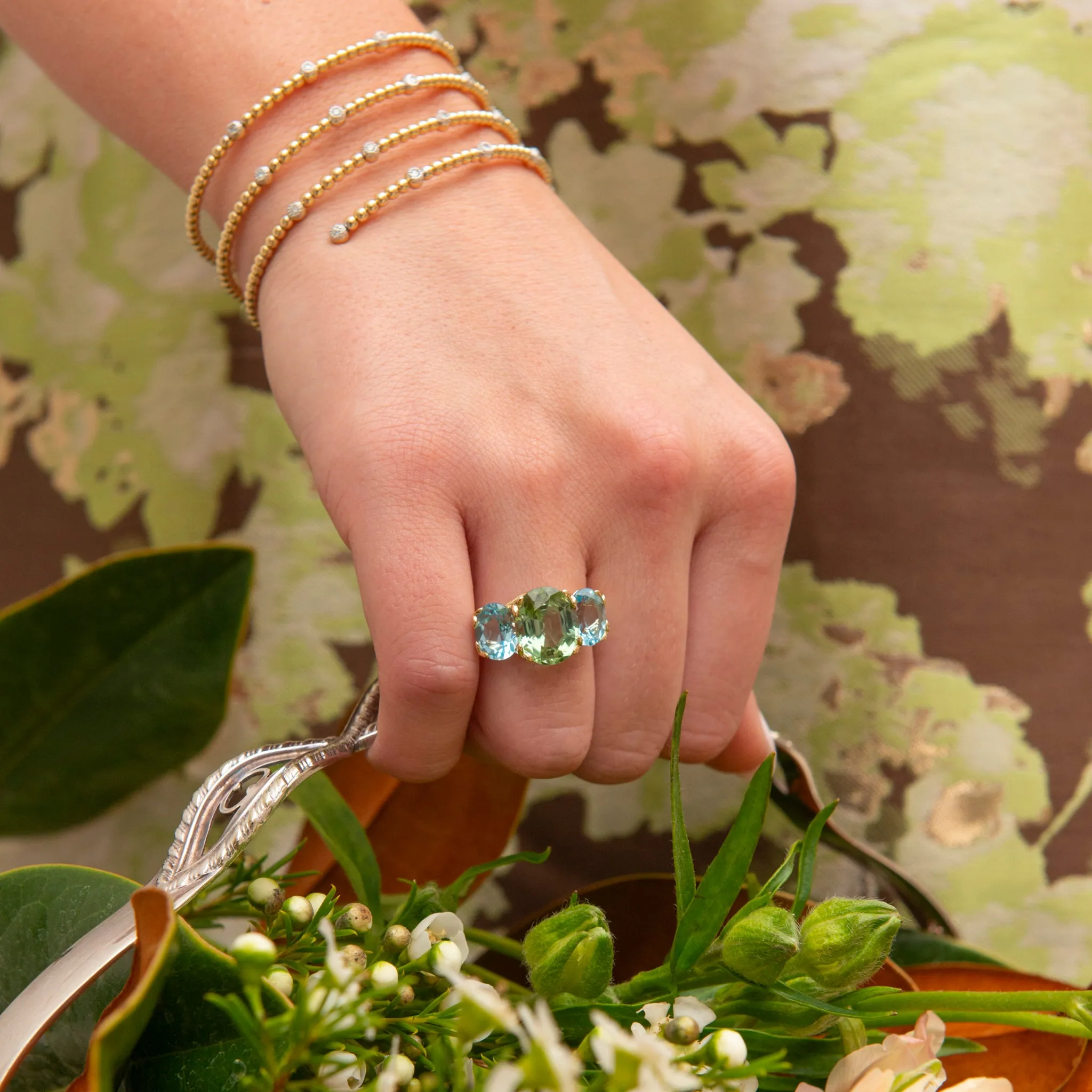 Green Tourmaline & Blue Topaz 14K Gold River Ring