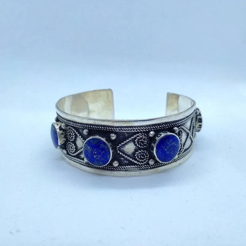 Handmade Blue Lapis Stones Bracelet, Statement Boho Cuff