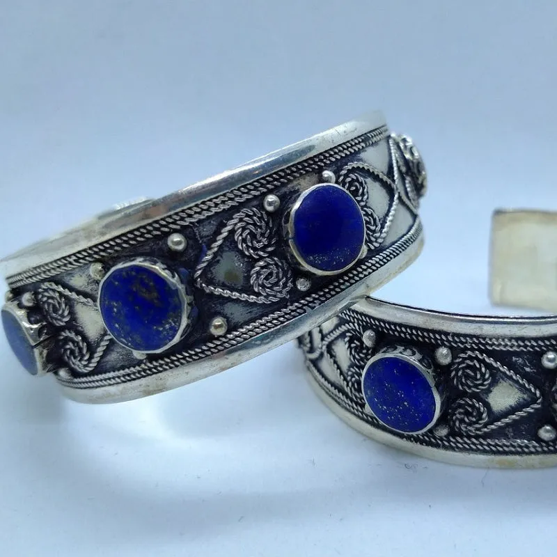 Handmade Blue Lapis Stones Bracelet, Statement Boho Cuff