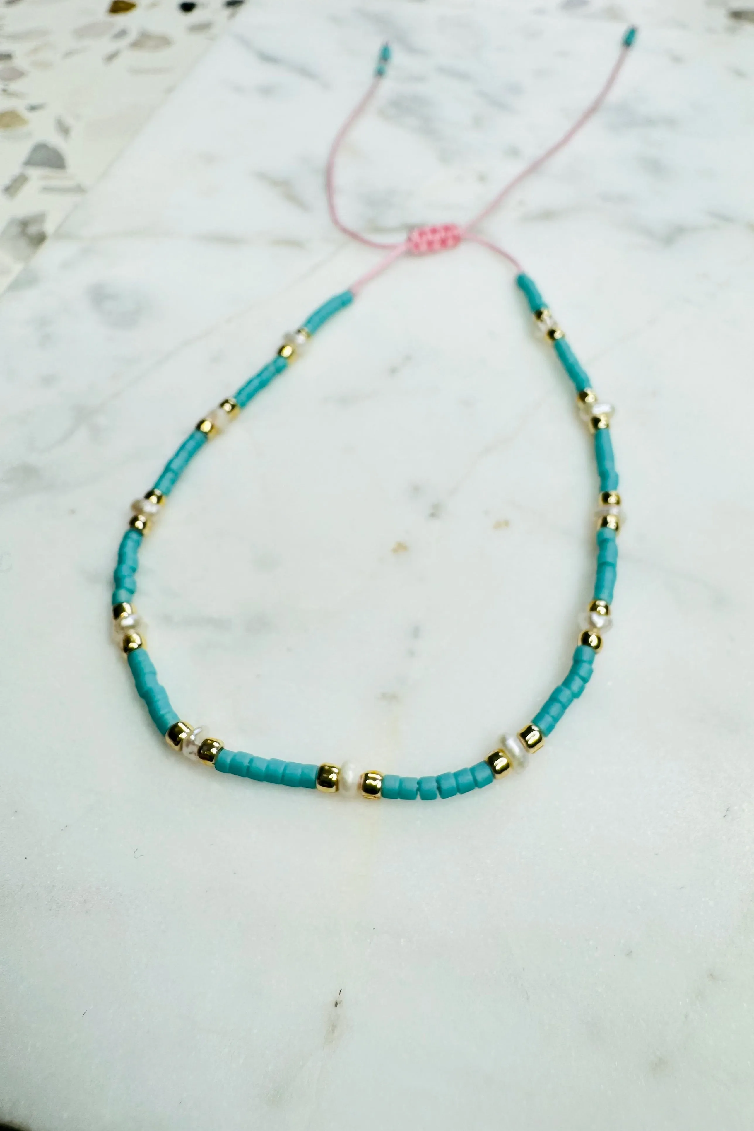 Handmade Glass/Freshwater Peal Bracelet - Aqua/White/Gold