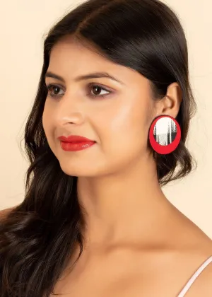 Handmade Red, Black, White Ikkat Cotton Fabric Stud Earrings - Perfect for Gifting and All Occasions