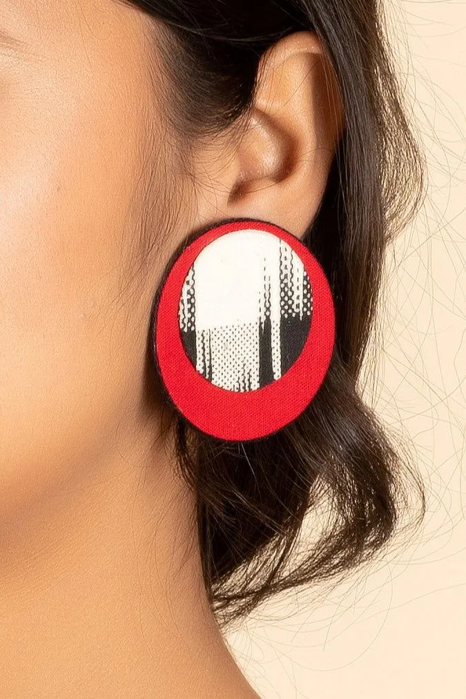 Handmade Red, Black, White Ikkat Cotton Fabric Stud Earrings - Perfect for Gifting and All Occasions