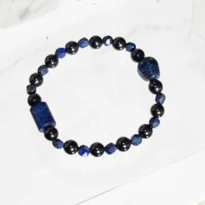 Hematite and lapis lazuli gemstone beaded bracelet