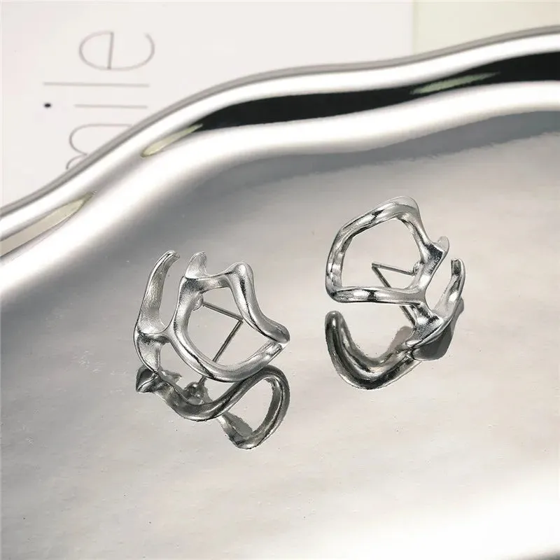 Irregular Liquid Metal Hollow Earrings Style Hip-Hop Punk Fashion Personality Stud Earrings for Women Girl Travel Accessories