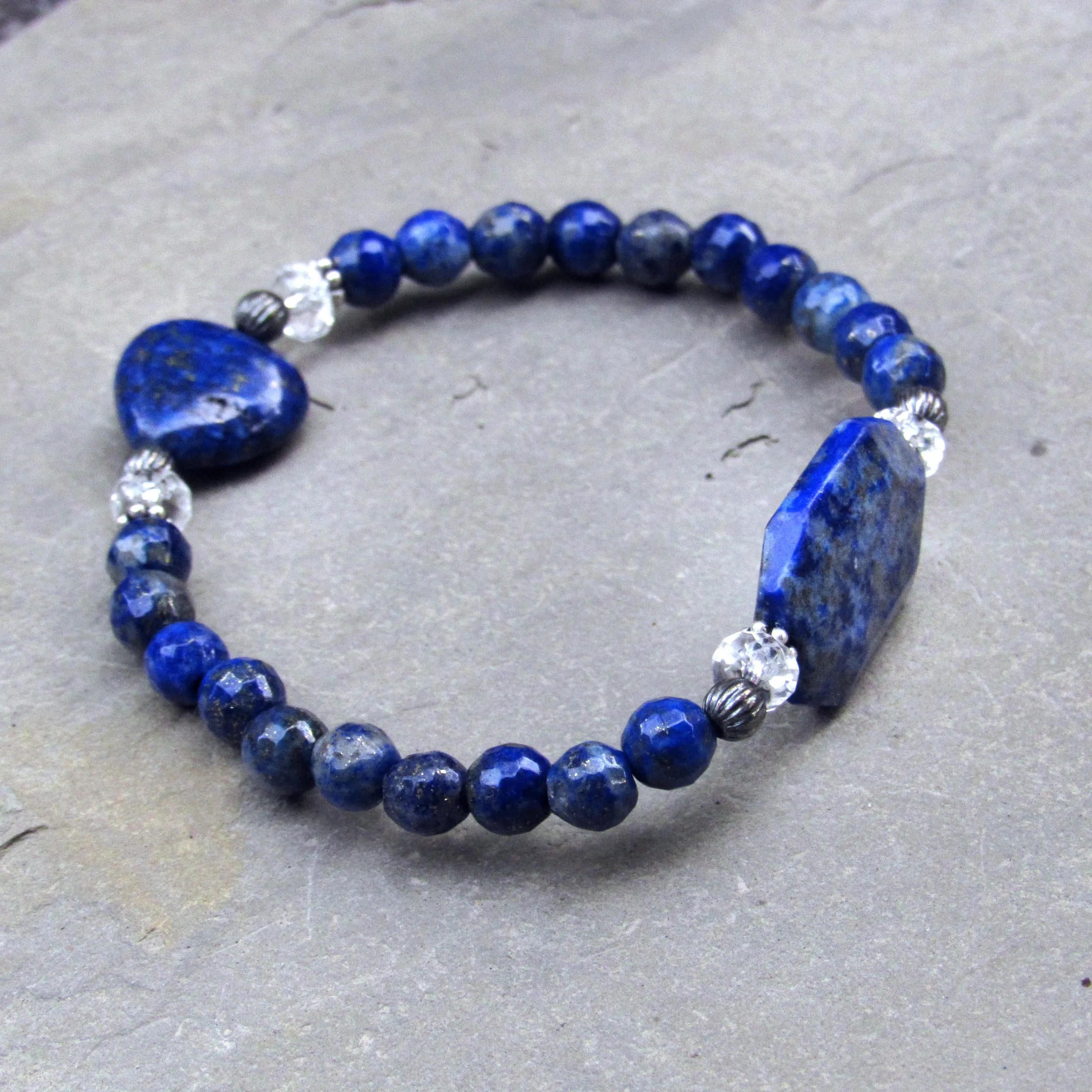 Lapis Lazuli gemstone, Clear Quartz, and Oxidized Sterling Silver Stretch Bracelet