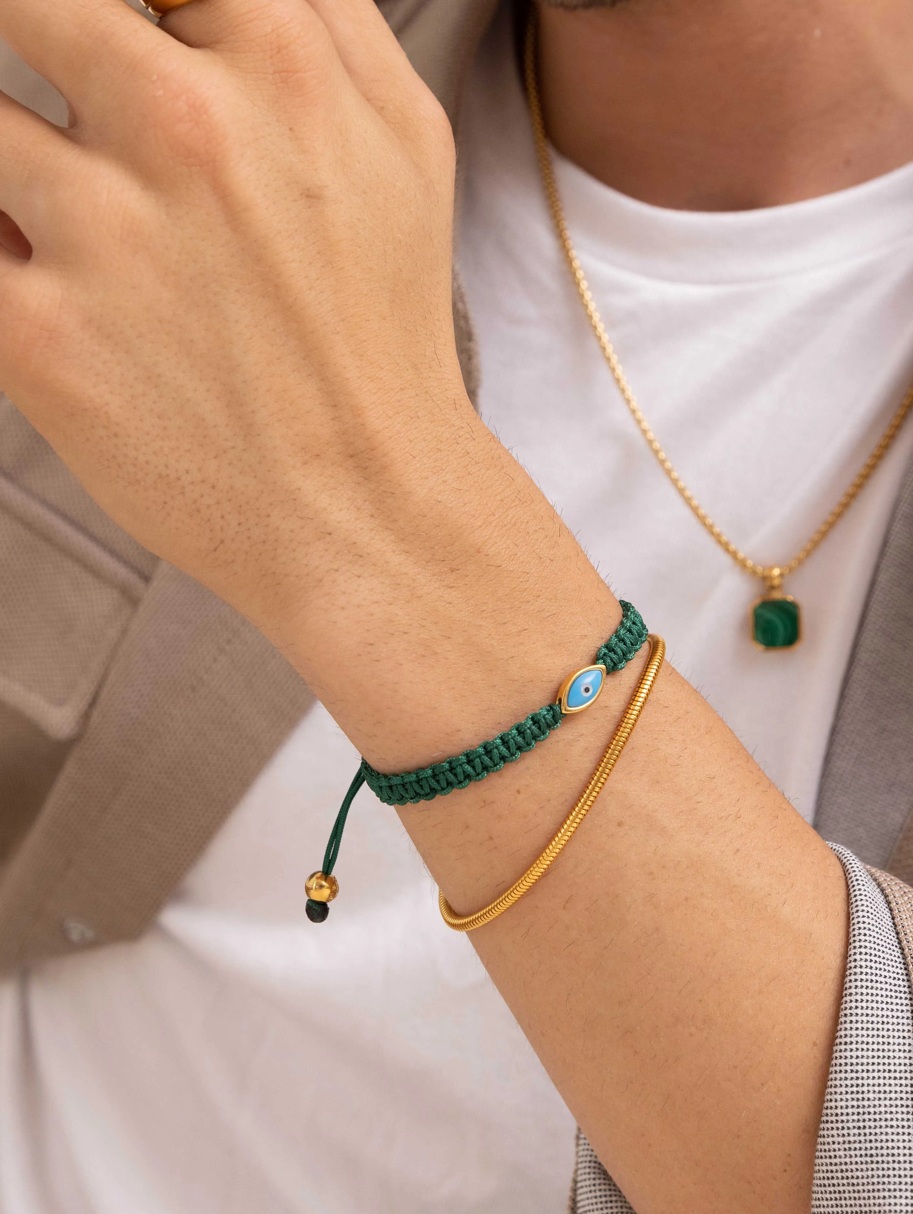 Men's Dark Green String Bracelet with Gold Evil Eye