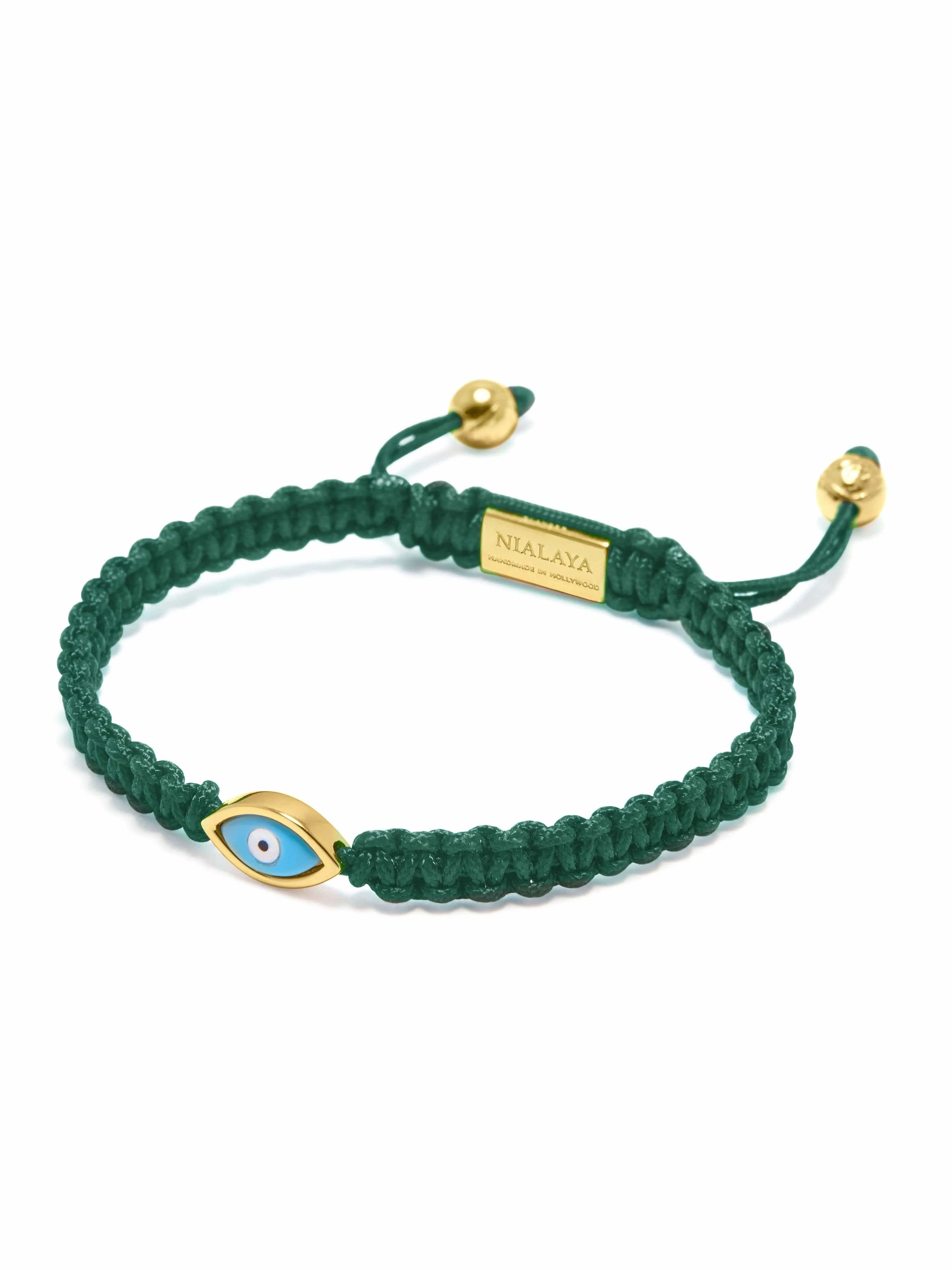 Men's Dark Green String Bracelet with Gold Evil Eye