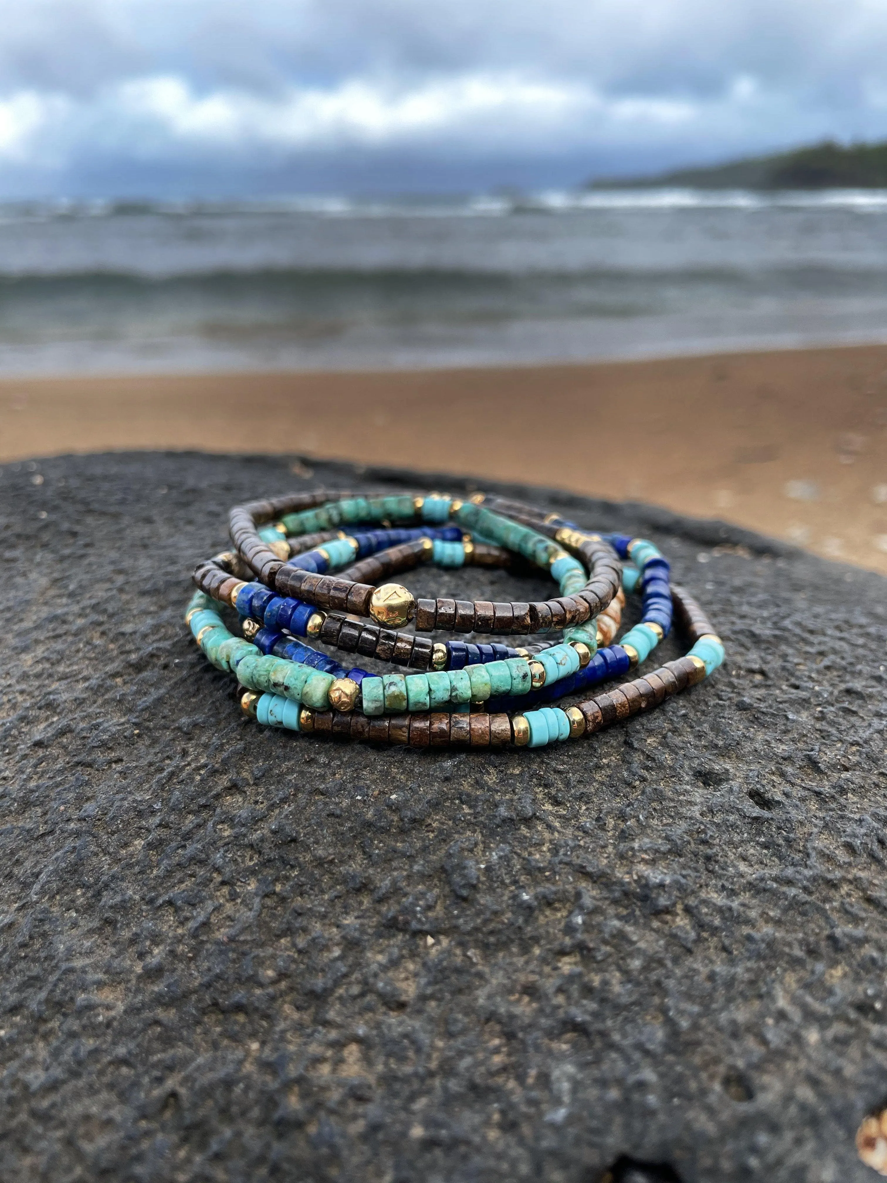 Men's Wristband with Blue Lapis, Jasper, Gold, and Coconut Heishi Beads