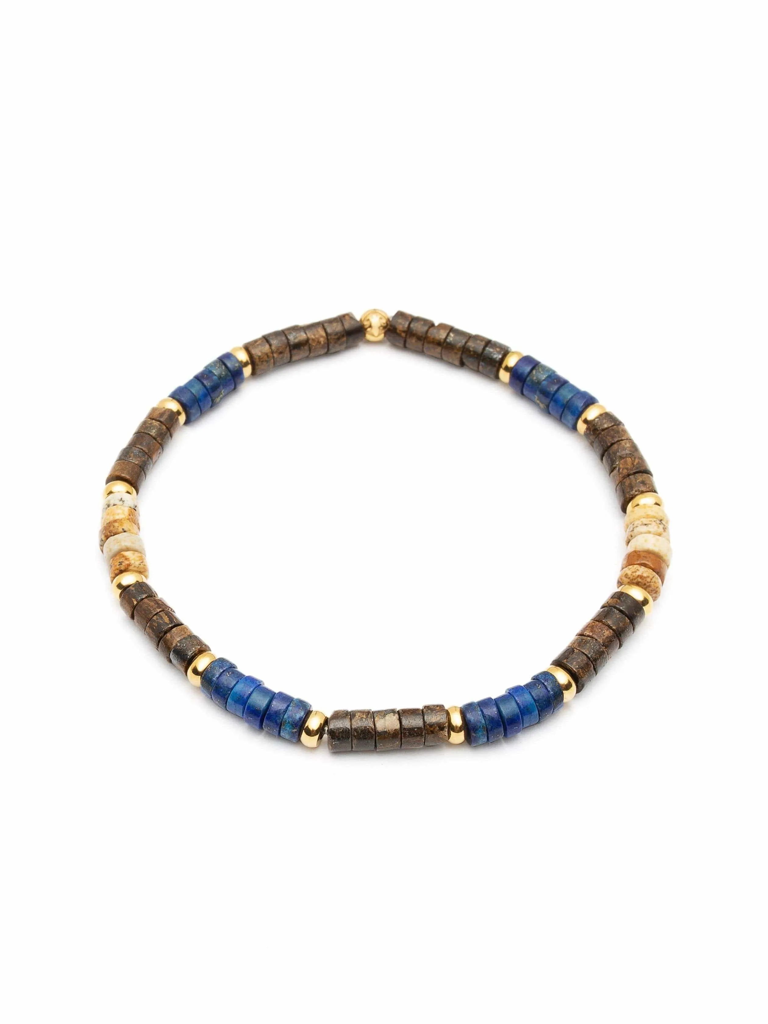 Men's Wristband with Blue Lapis, Jasper, Gold, and Coconut Heishi Beads