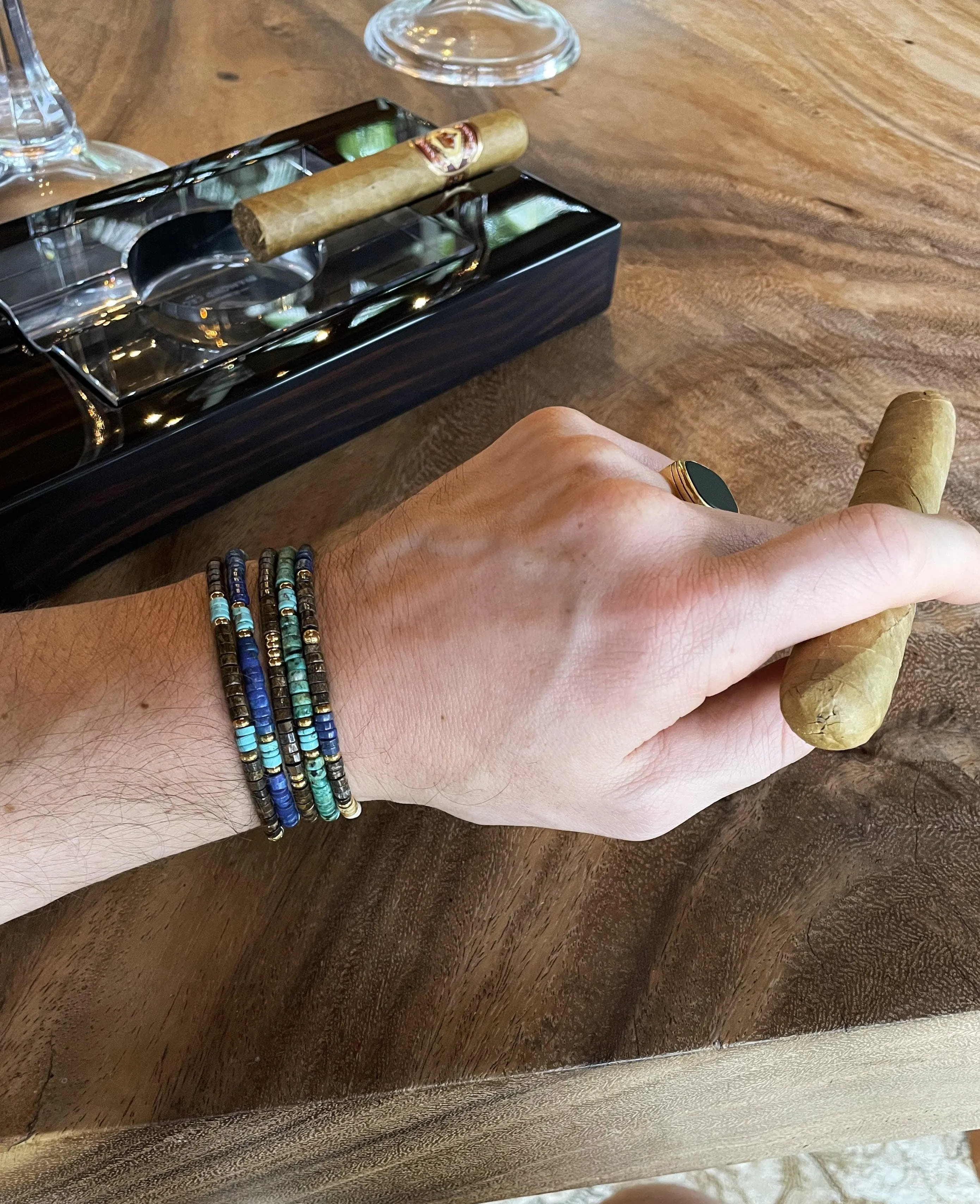 Men's Wristband with Blue Lapis, Jasper, Gold, and Coconut Heishi Beads