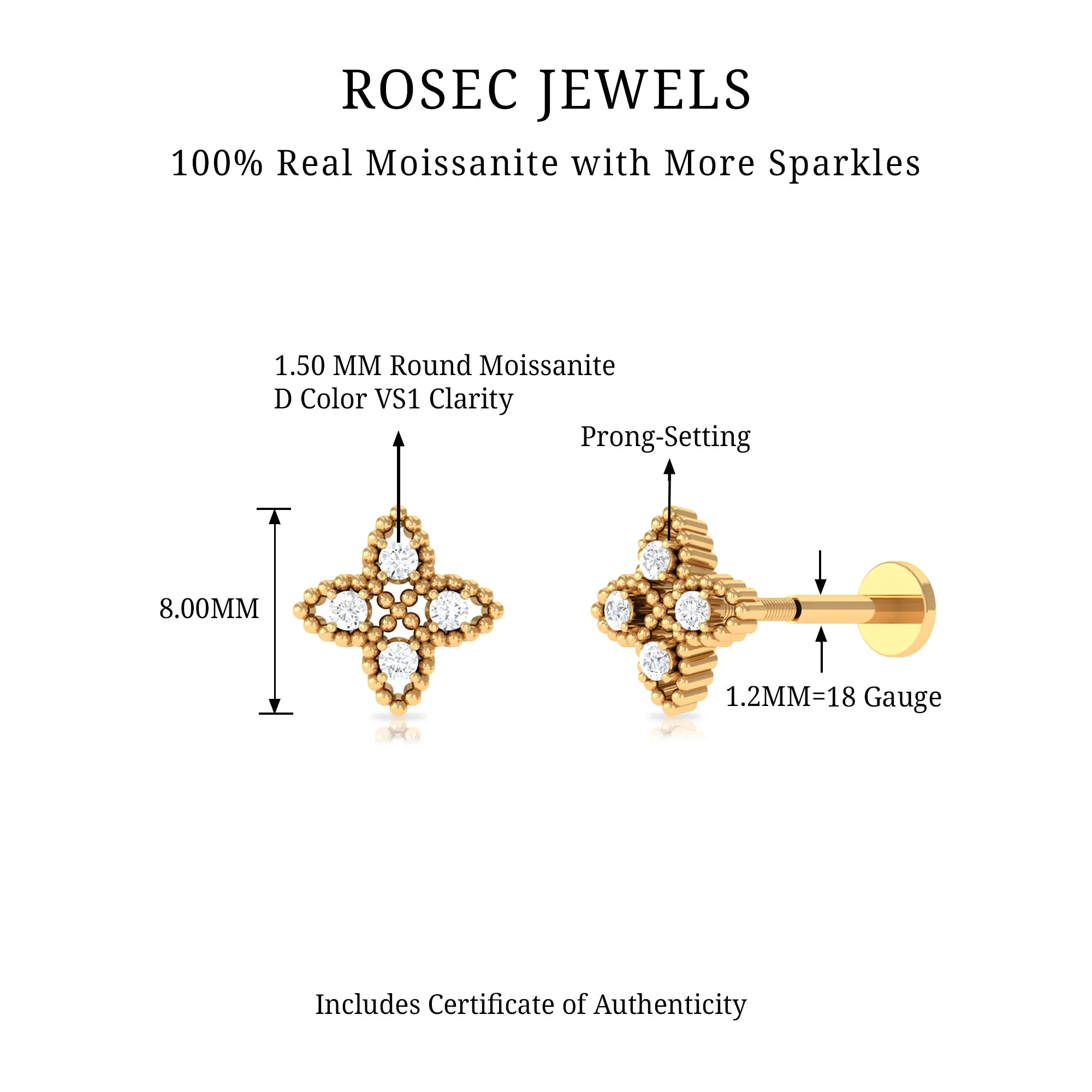 Moissanite Flower Cartilage Earring with Beaded Gold