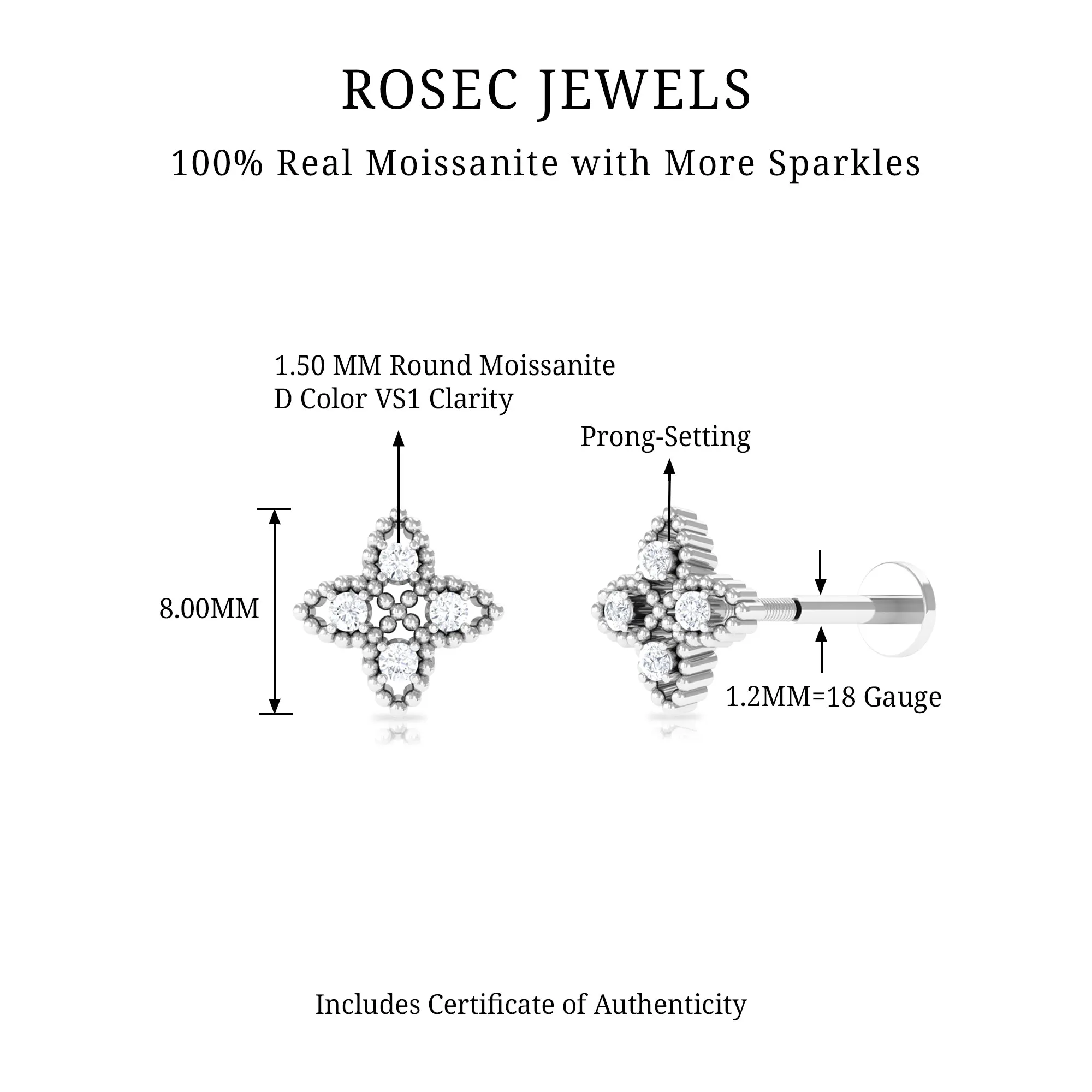 Moissanite Flower Cartilage Earring with Beaded Gold