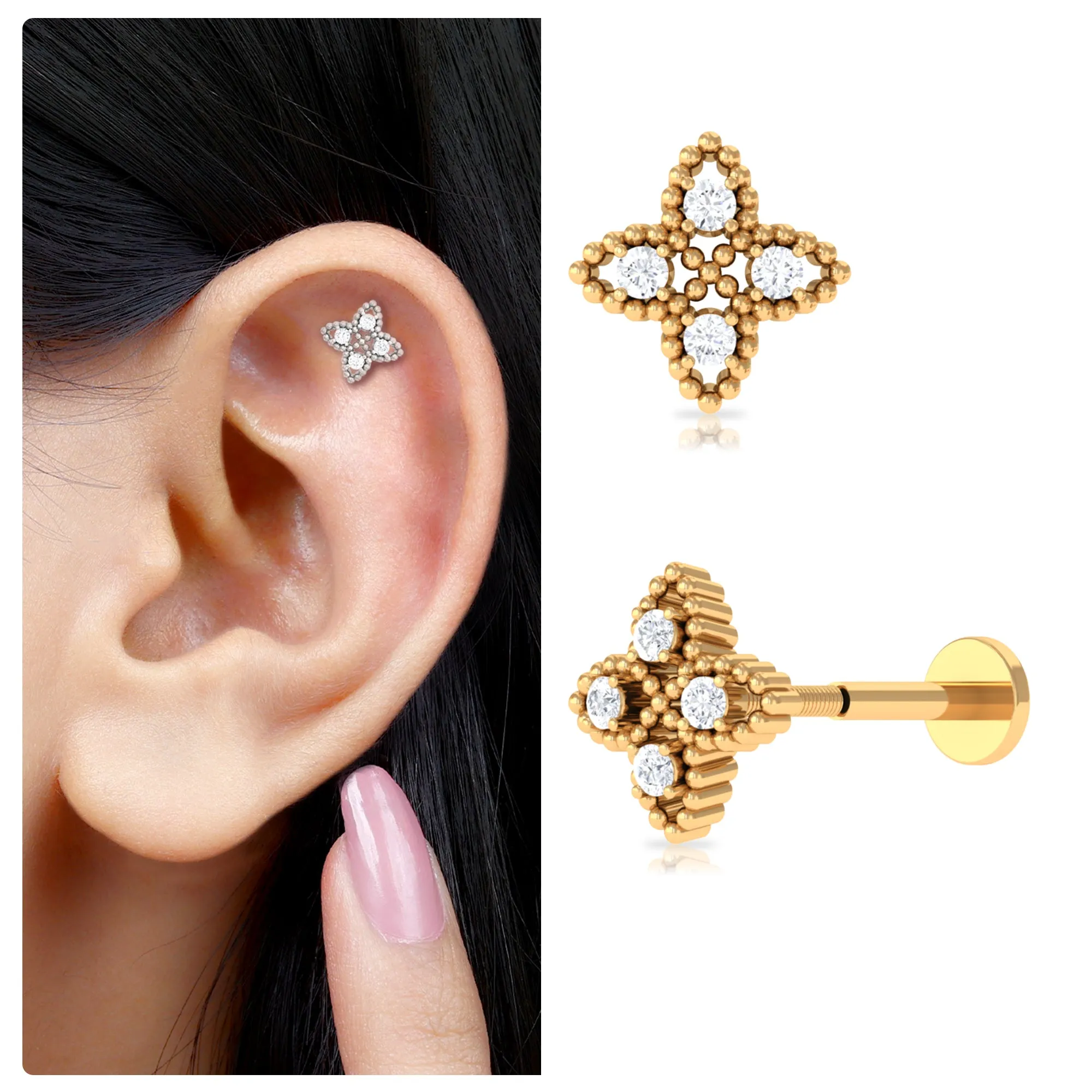 Moissanite Flower Cartilage Earring with Beaded Gold