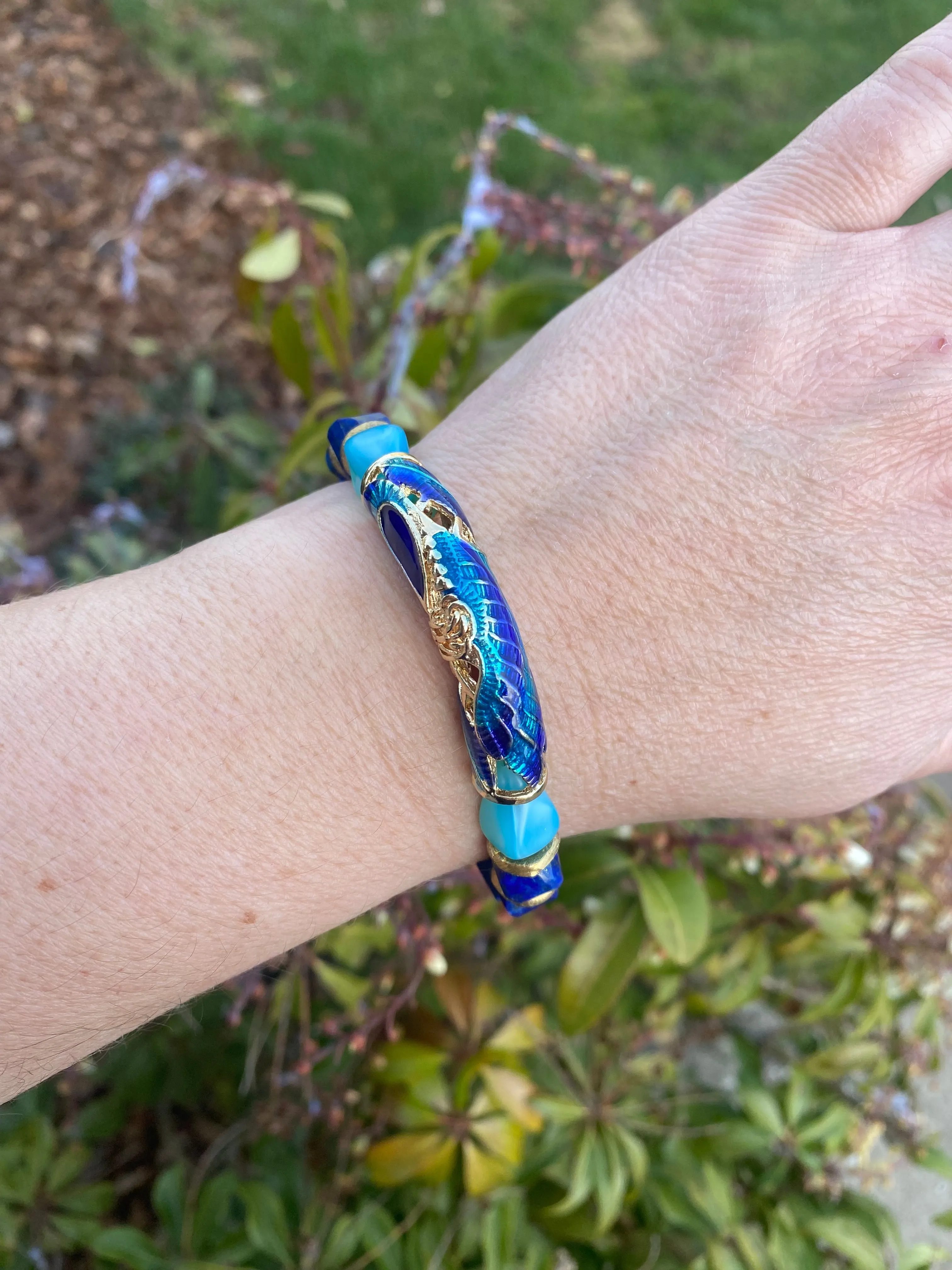 Peacock bracelet. Lapis lazuli stone, cloisonné cuff, czech glass, bracelet, KIT