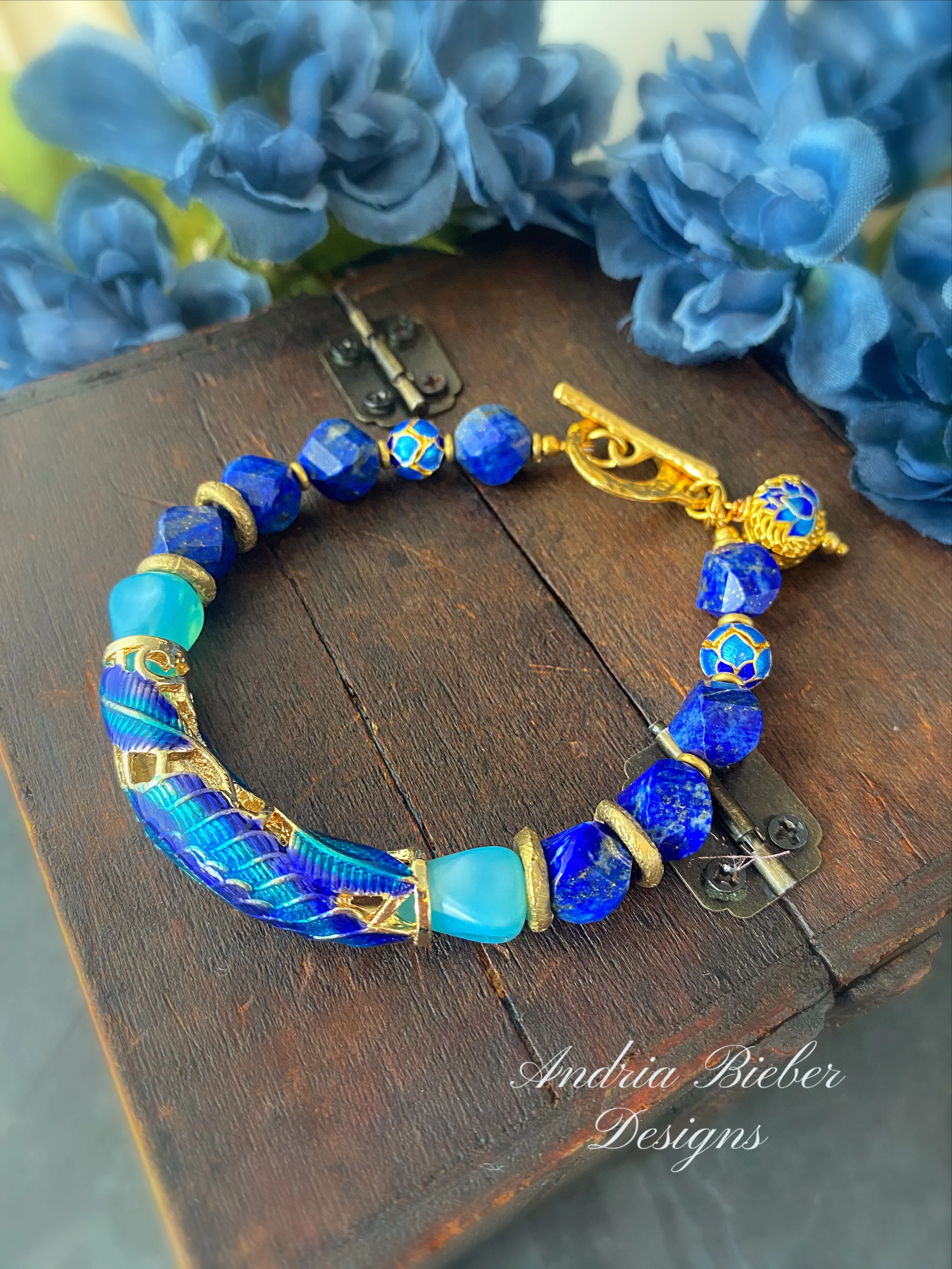 Peacock bracelet. Lapis lazuli stone, cloisonné cuff, czech glass, bracelet, KIT