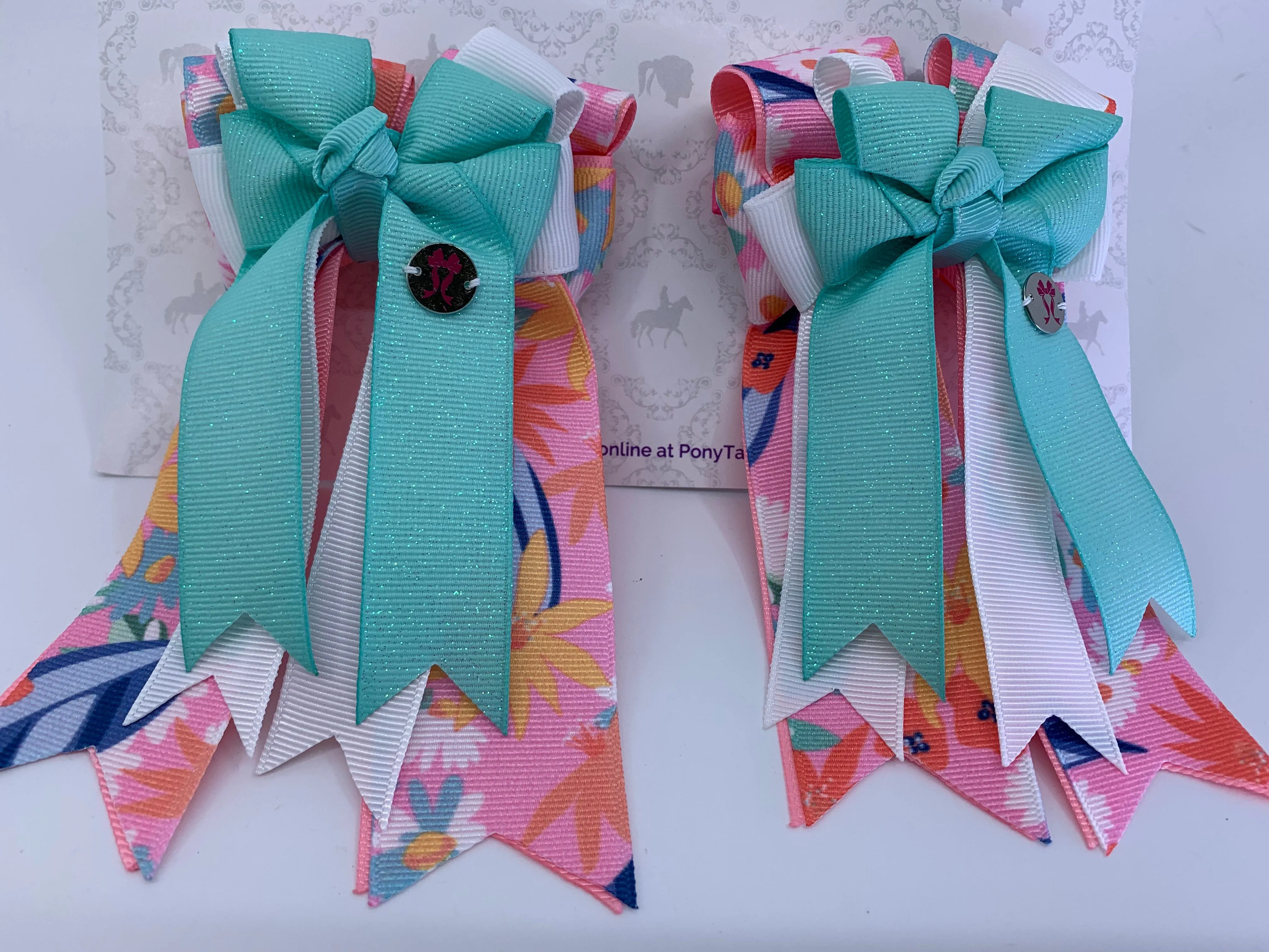 PonyTail Bows- Mint Glitter Floral