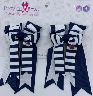 PonyTail Bows- Navy Candy Stripes