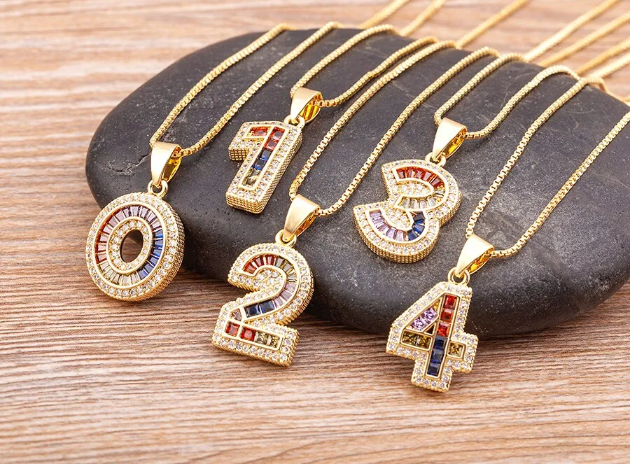 Red Enamel Numeral Number Pendant Necklaces For Women in Gold Color