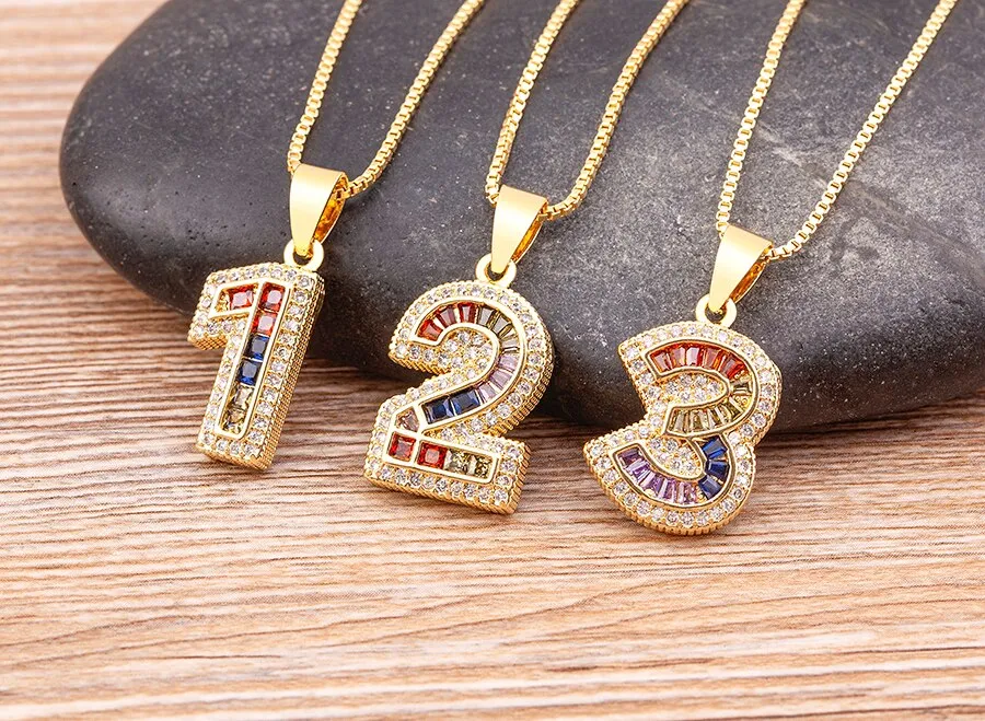 Red Enamel Numeral Number Pendant Necklaces For Women in Gold Color