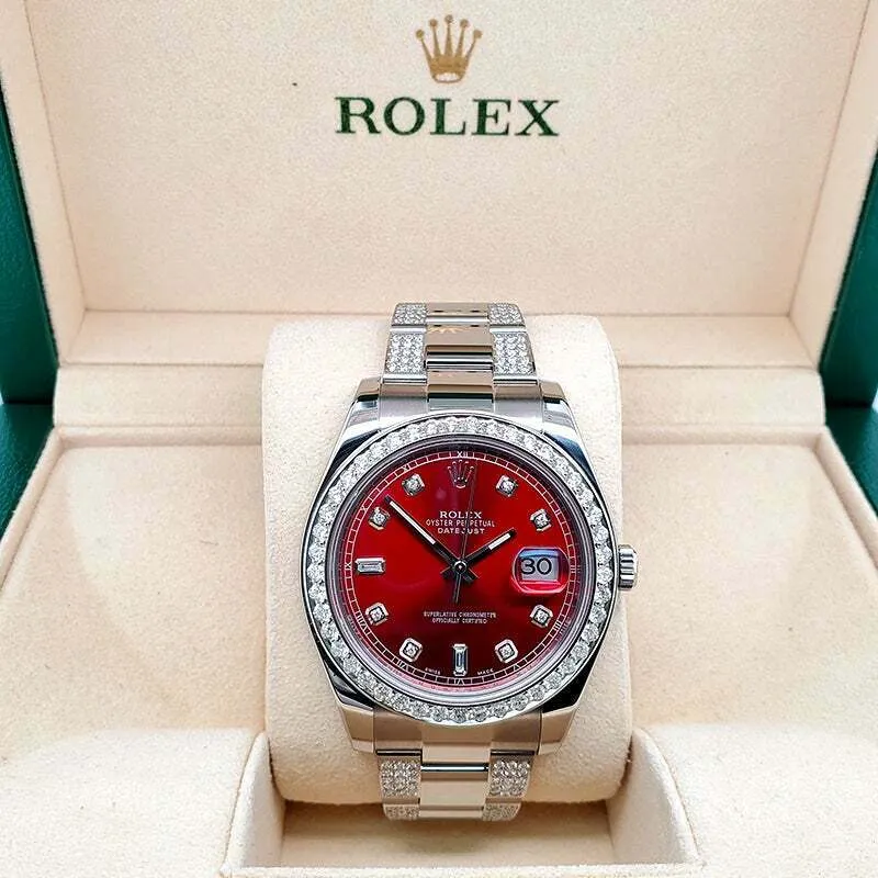 Rolex Datejust II 41mm 5ct Diamond Bezel/Bracelet/Imperial Red 6 9 Baguette Dial TFJ-142508729