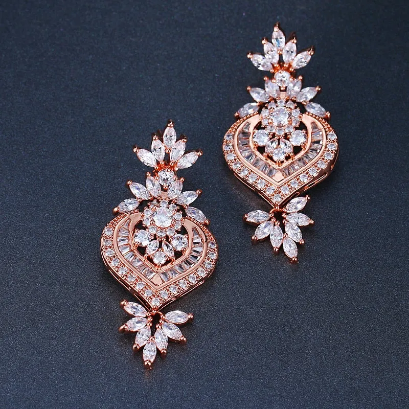 Rose Gold  Big Flower Pendant Drop Earrings With Shining CZ