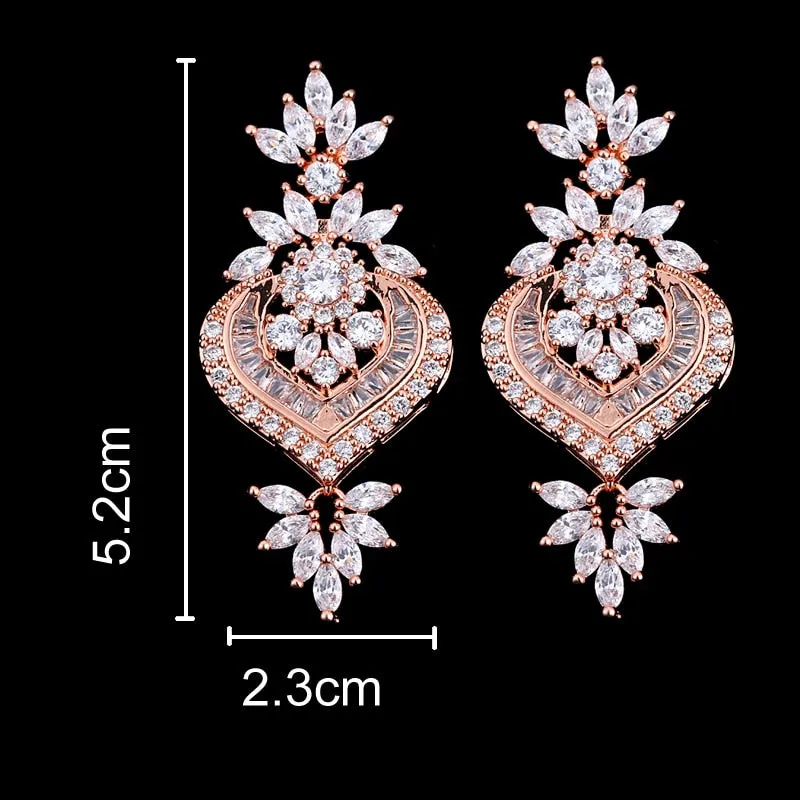 Rose Gold  Big Flower Pendant Drop Earrings With Shining CZ