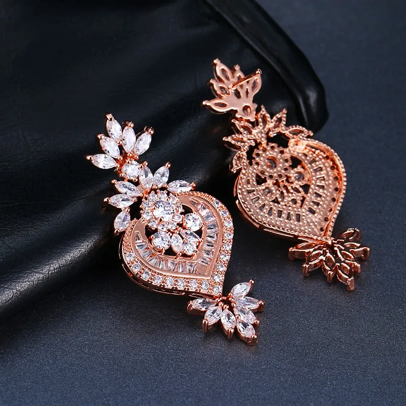 Rose Gold  Big Flower Pendant Drop Earrings With Shining CZ