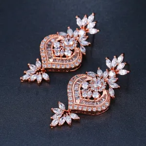 Rose Gold  Big Flower Pendant Drop Earrings With Shining CZ