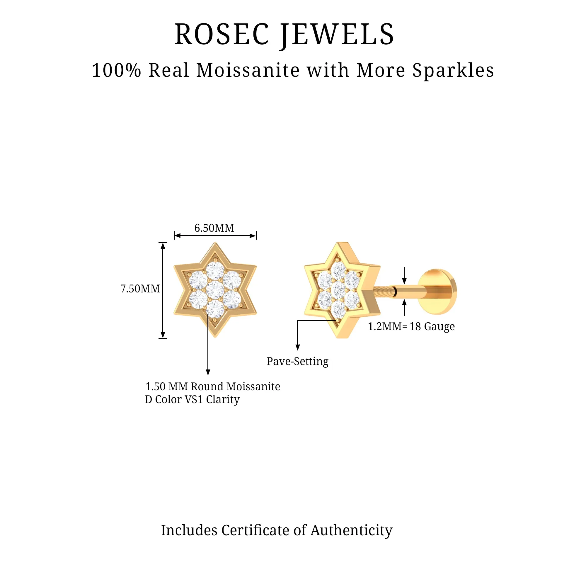 Round Moissanite Gold Star Earring for Cartilage Piercing