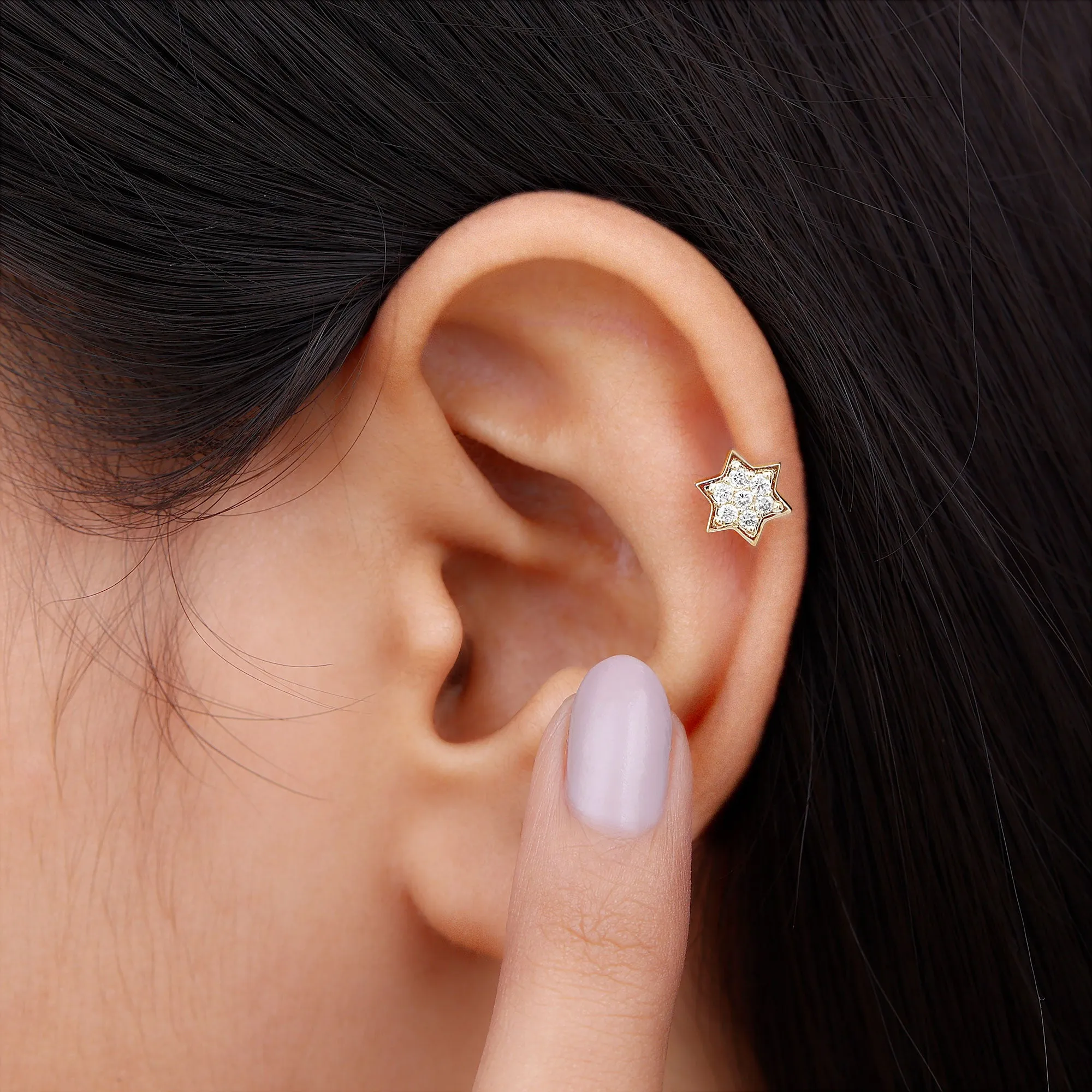 Round Moissanite Gold Star Earring for Cartilage Piercing