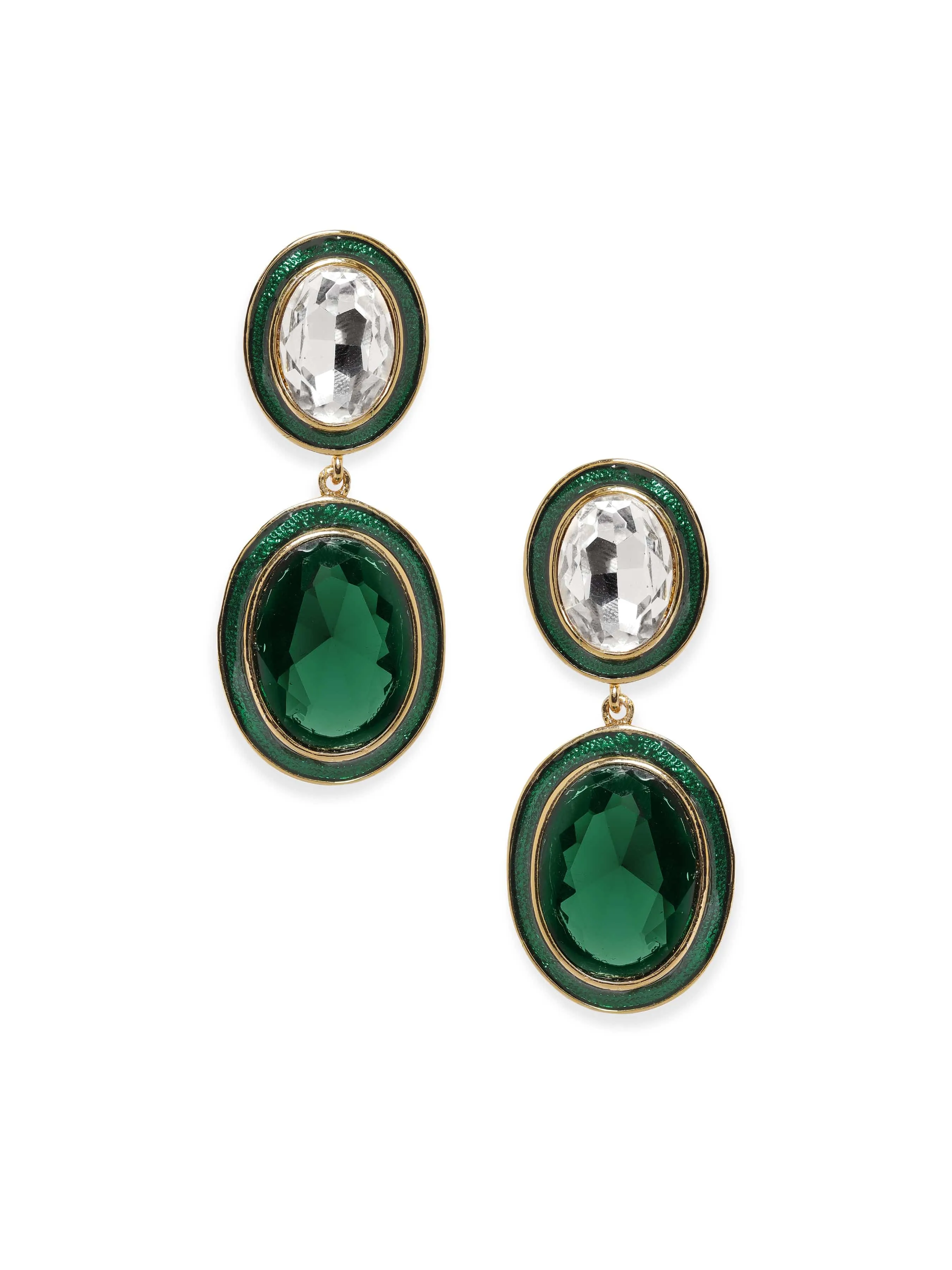 Rubans 22K Antique Gold Plated Emerald Crystal Studded Green Enamel Dangle Earring