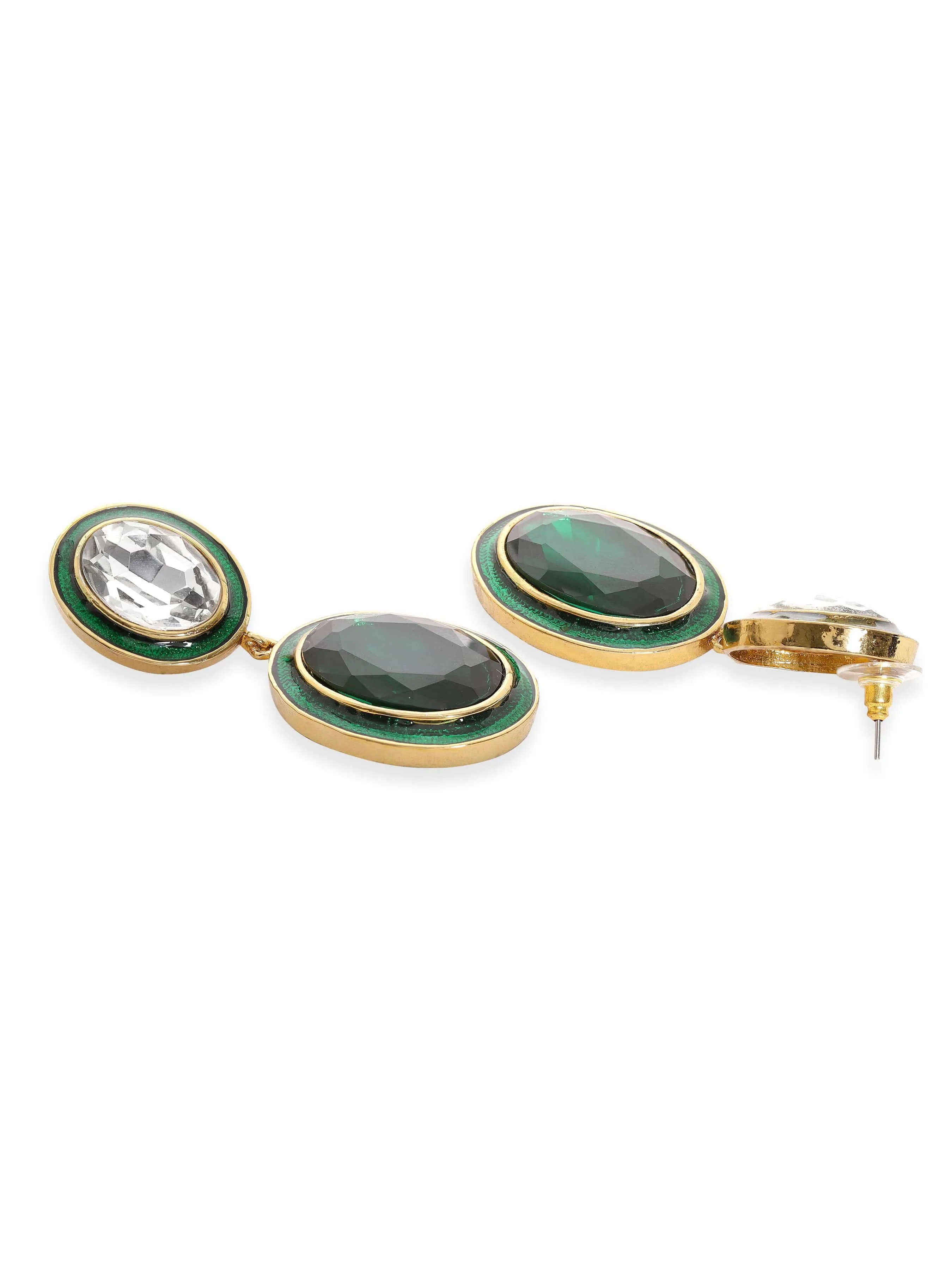 Rubans 22K Antique Gold Plated Emerald Crystal Studded Green Enamel Dangle Earring