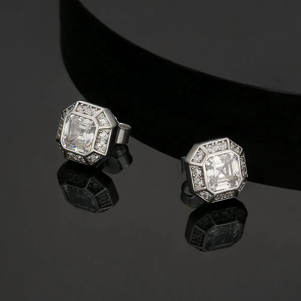 S925 Emerald Cut Diamond Stud Earrings in White Gold