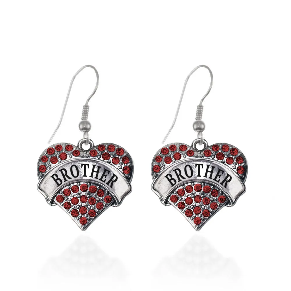 Silver Brother Red Red Pave Heart Charm Dangle Earrings