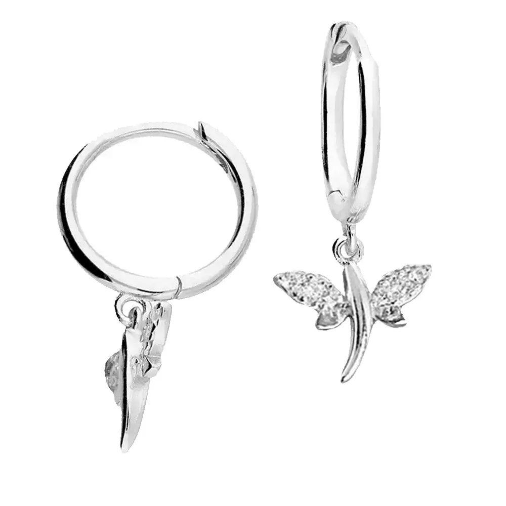 Silver Dragonfly Huggie Earrings, Small Dragonfly Hoop Earrings