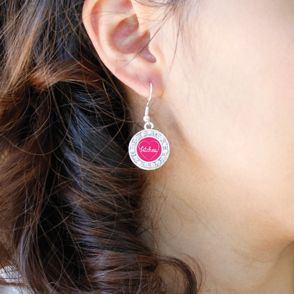 Silver Heart Bitches Circle Charm Dangle Earrings