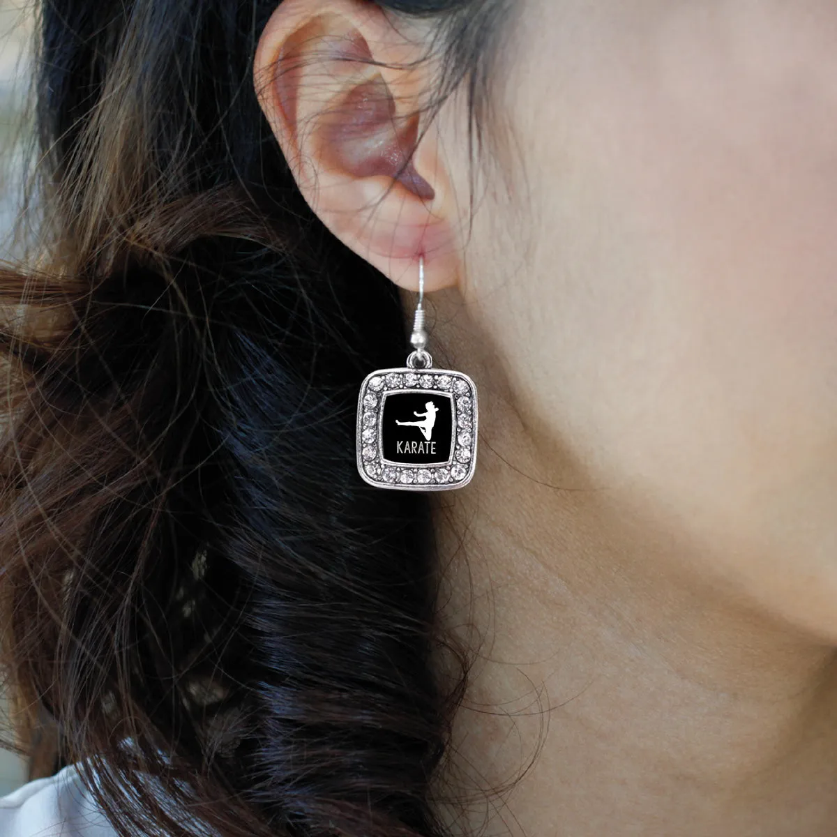 Silver Karate Square Charm Dangle Earrings