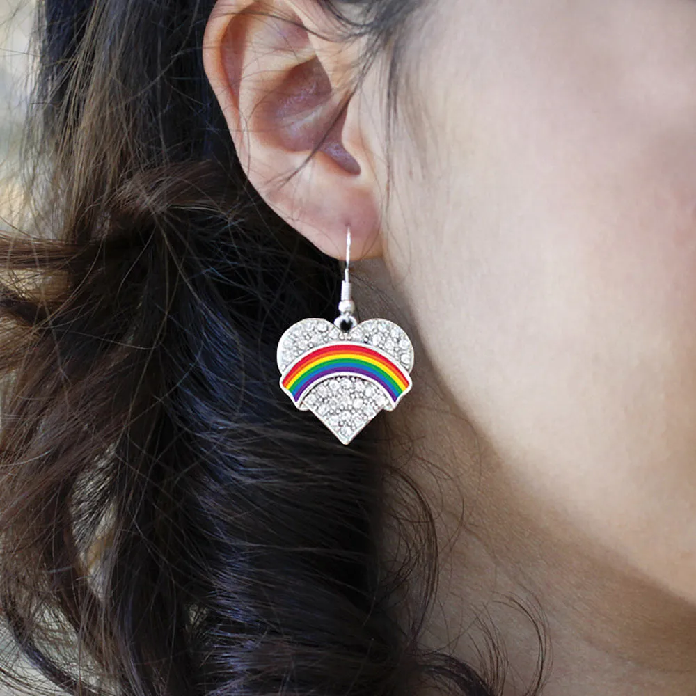 Silver LGBT Pride Pave Heart Charm Dangle Earrings