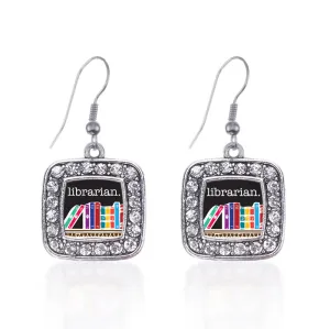 Silver Librarian Square Charm Dangle Earrings