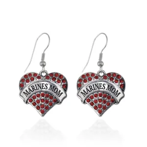 Silver Marines Mom Red Pave Heart Charm Dangle Earrings