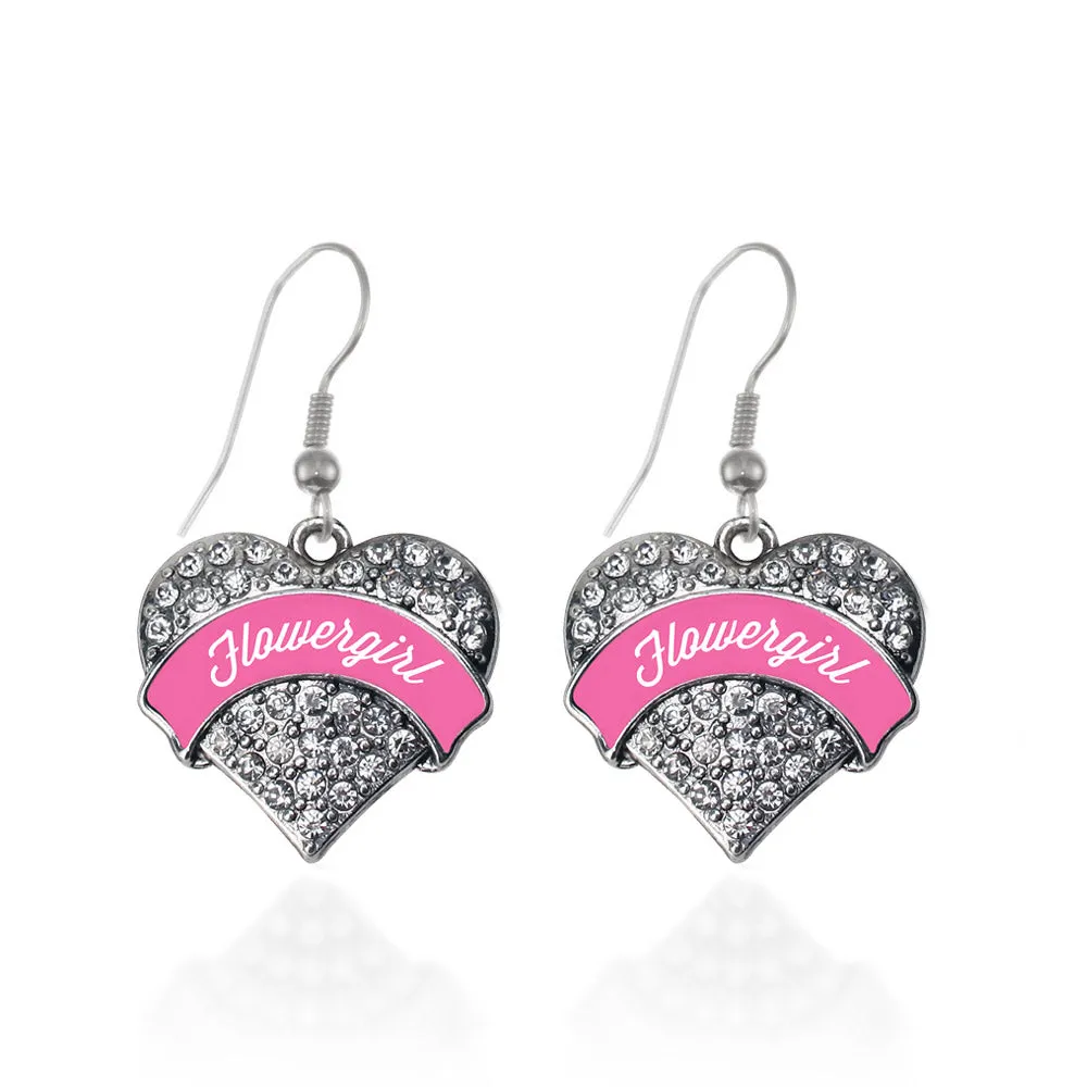 Silver Pink Flower Girl Pave Heart Charm Dangle Earrings