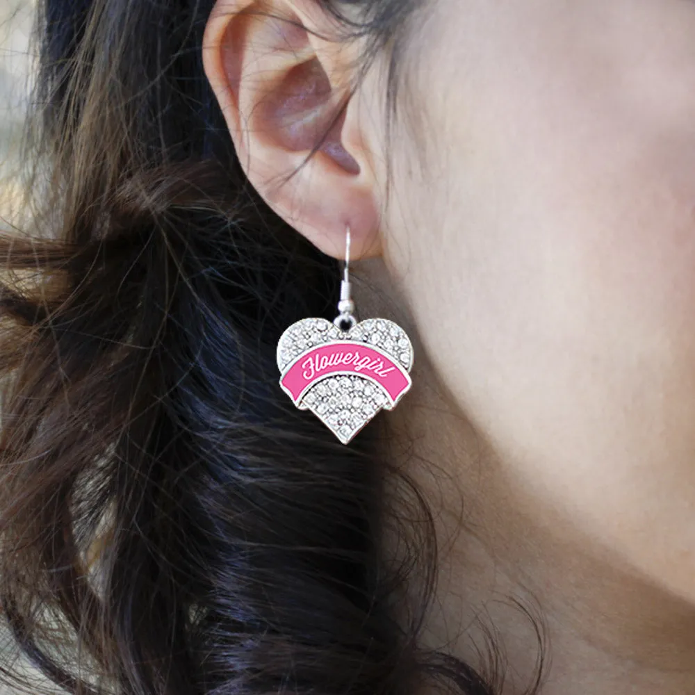 Silver Pink Flower Girl Pave Heart Charm Dangle Earrings