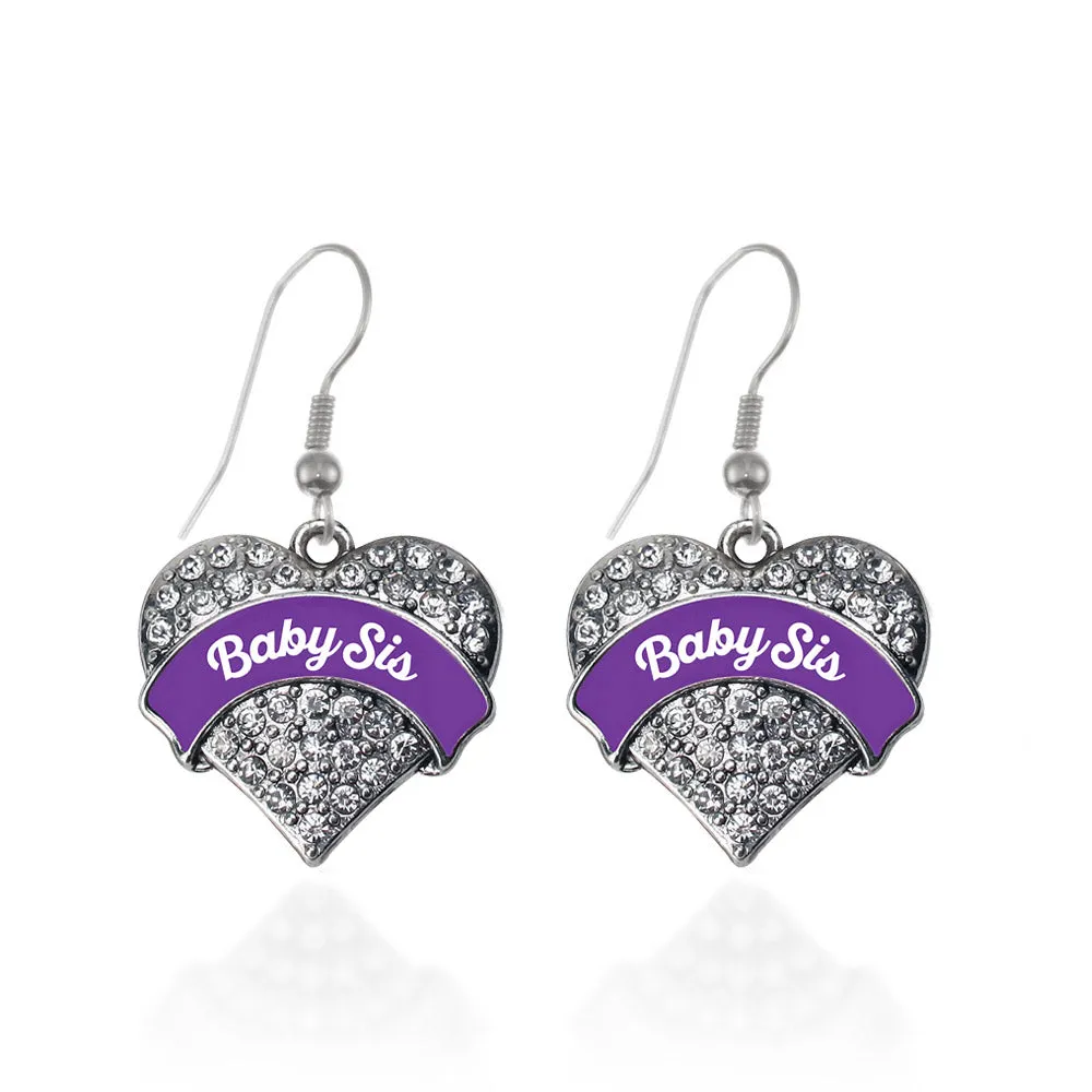 Silver Purple Baby Sister Pave Heart Charm Dangle Earrings