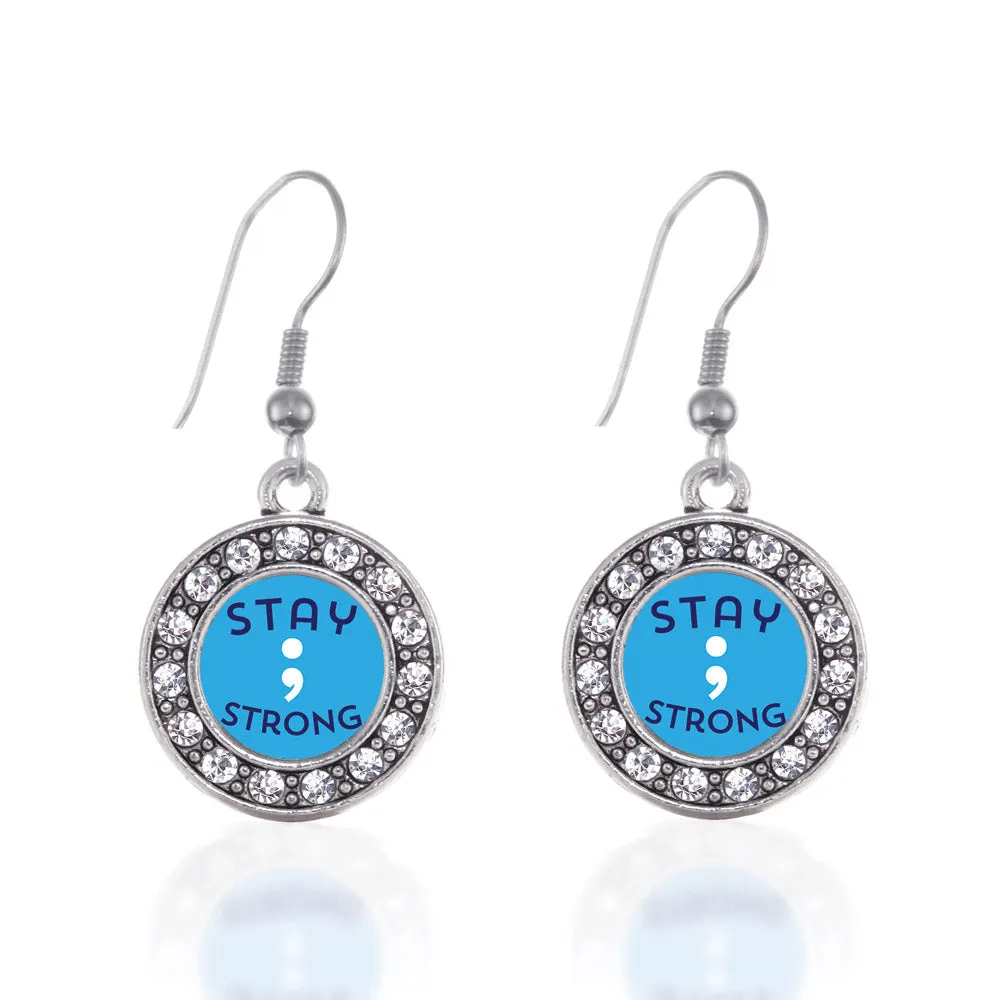 Silver Stay Strong Semicolon Movement Circle Charm Dangle Earrings