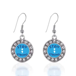 Silver Stay Strong Semicolon Movement Circle Charm Dangle Earrings