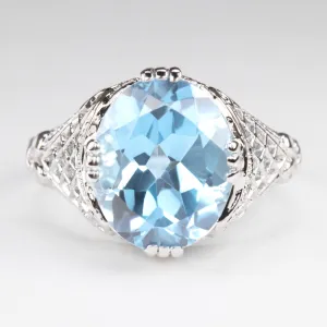 SKY BLUE TOPAZ STERLING SILVER VINTAGE STYLE RING ART DECO OVAL SHAPE FILIGREE