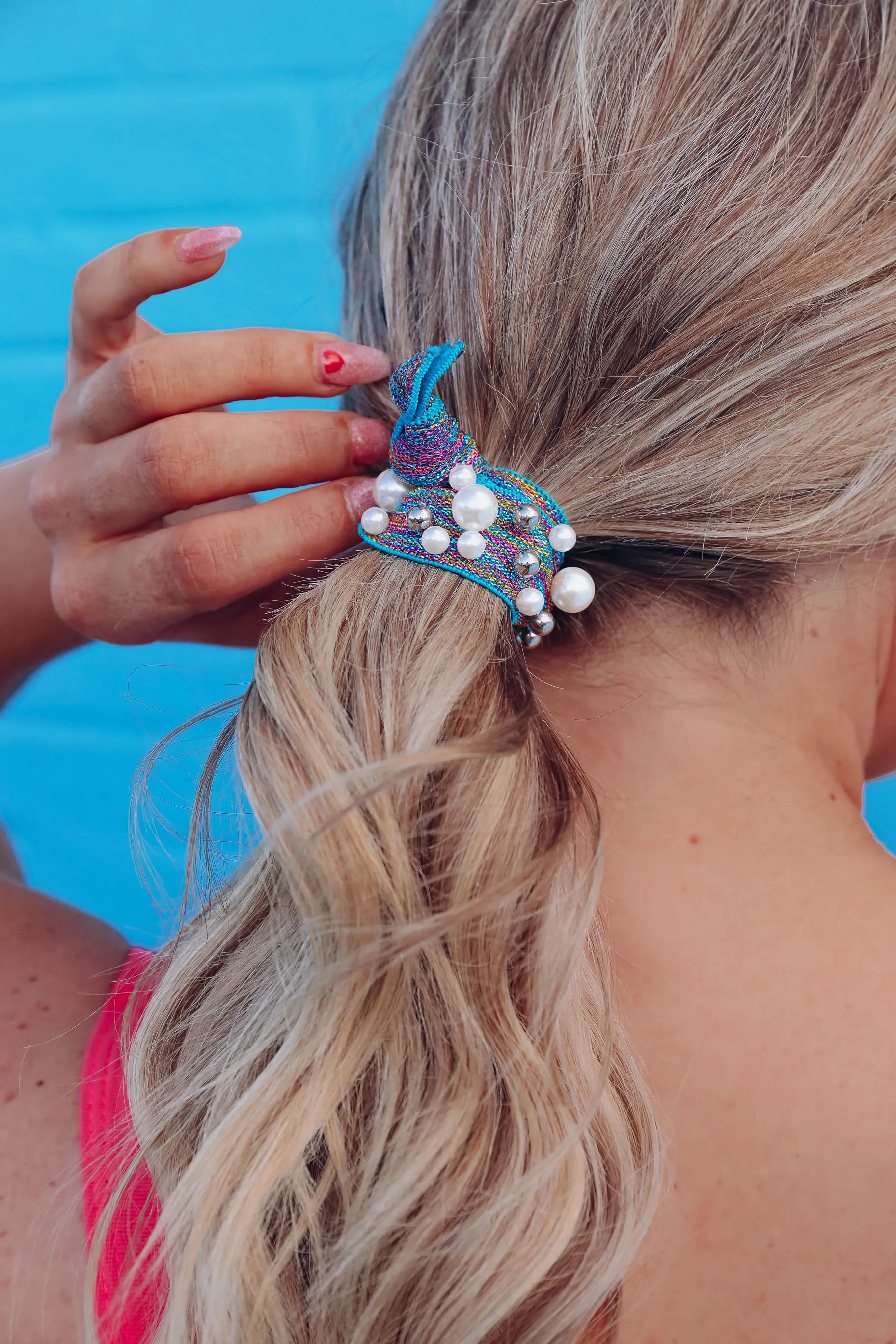 Sparkle And Pearl Hair Tie - Turquoise